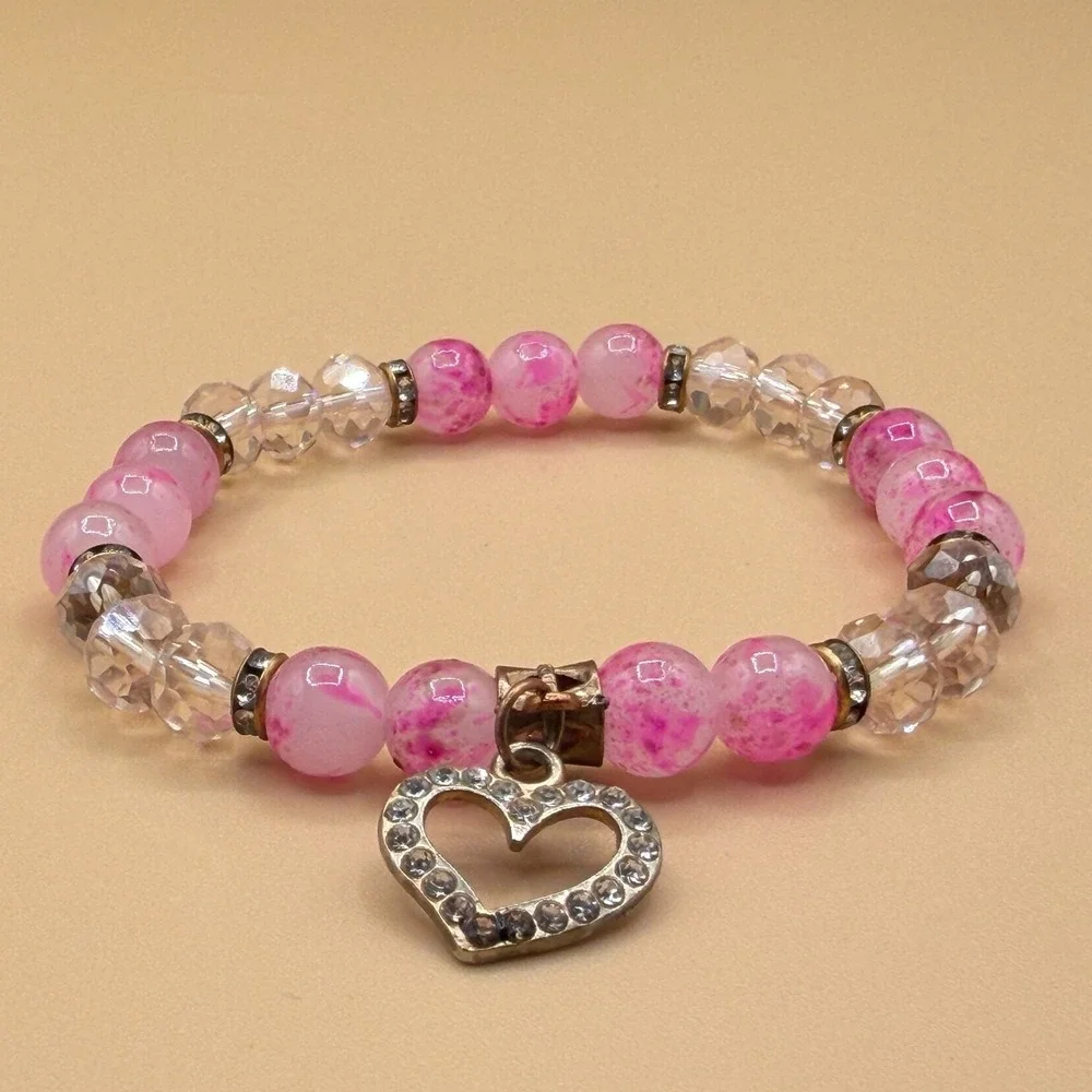Pink Crystal Beaded Heart Charm Stretch Bracelet Romantic Coquette Statement